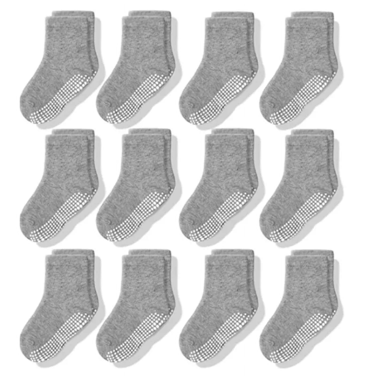 Non Slip Toddler Socks 12 Pairs with Grip for Boys Girls Baby Infants Kids Anti Skid Cotton Crew Socks 1-7Years Grey L 3 to 5 years